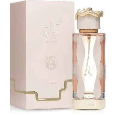 Frasco de perfume elegante con caja rosa y detalles dorados.