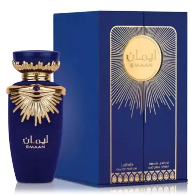 Frasco de perfume azul con tapa dorada y caja decorativa de diseño elegante.